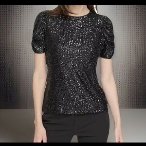 NWT DKNY Women's Puff-Sleeve Sequin-Embellished T-Shirt-Black-XS